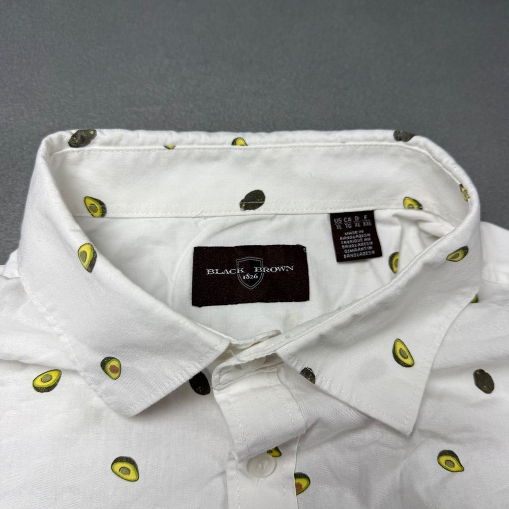 Black Brown 1826 Mens XL Short Sleeve Button Down Avocado Print Wht Cotton Shirt